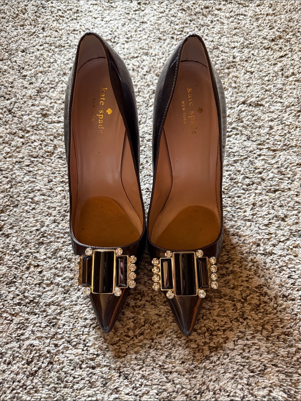 kate spade black pointed-toe crystal buckle pumps Laylee